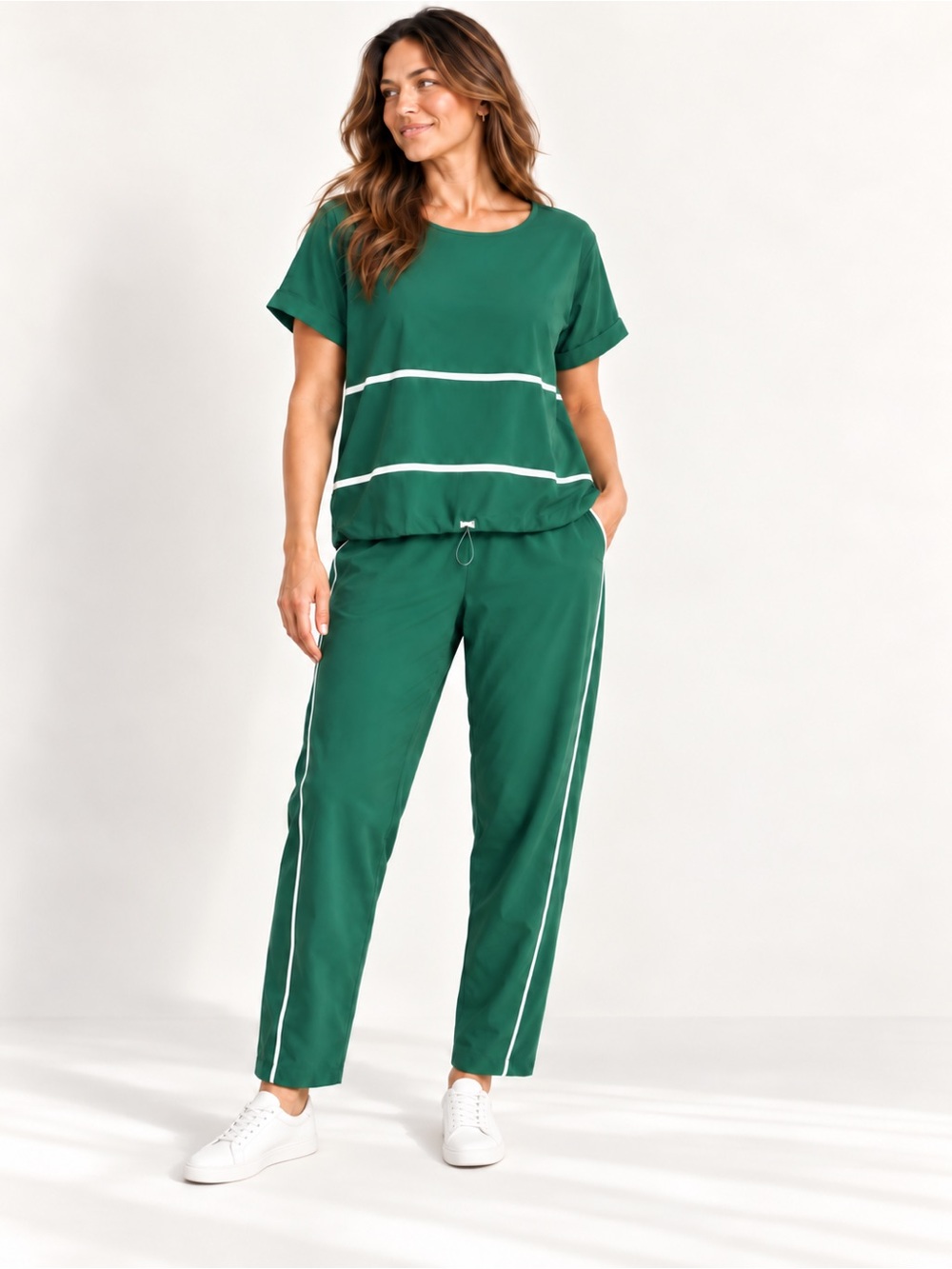 Chico’s Emerald Green Stretch Athleisure 2 Piece Set Top Pants Size 14